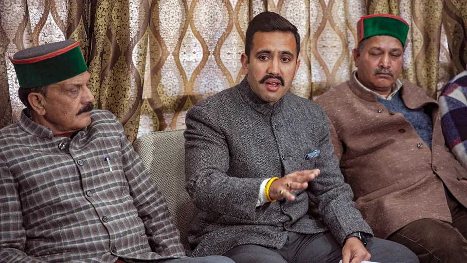 MLA Vikramaditya Singh addresses a press conference, in Shimla