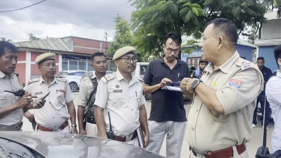Police at a hospital after suspected Kuki militants attacked Koutruk villagers, in Imphal. Two people were killed and nine others were injured in the attack.