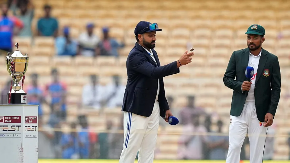 India's captain Rohit Sharma and Bangladesh's captain Najmul Hossain Shanto during the toss before the first test cricket match of a series between India and Bangladesh, at the MA Chidambaram Stadium, in Chennai, Thursday, Sept. 19, 2024.