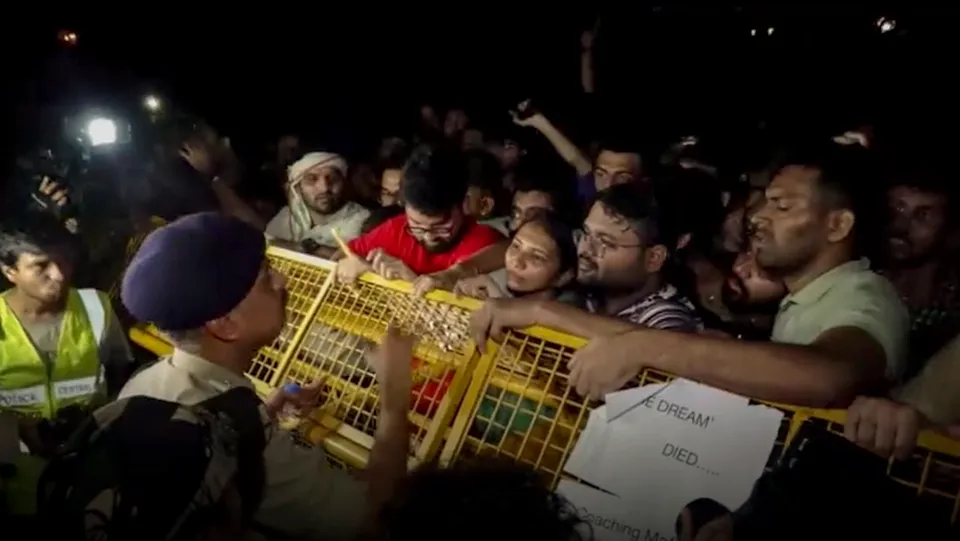 Protest over the death of 3 UPSC aspirants drown in the flooded basement of Rau's IAS institute at Old Rajinder Nagar area, in New Delhi, Sunday, July 28, 2024.