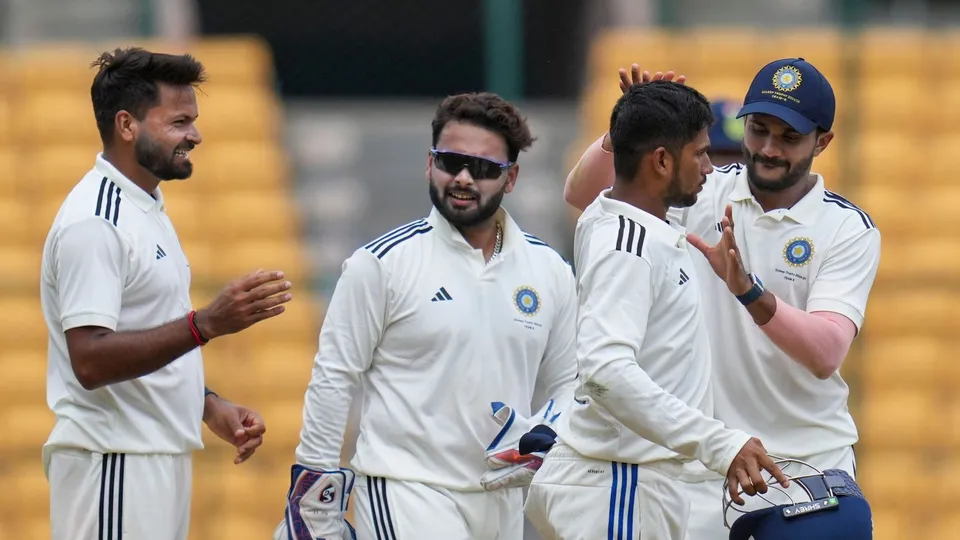 India B players celebrate the dismissal of India A's Akash Deep during the third day of Duleep Trophy 2024 match between India A and India B teams, at Chinnaswamy Stadium in Bengaluru, Saturday, Sept 7, 2024.