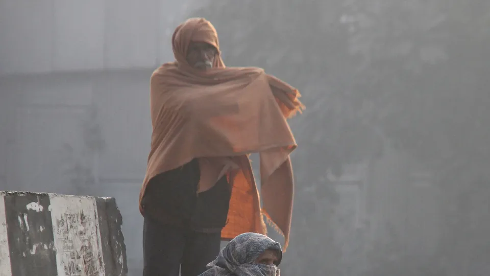 Elderly people during a cold and foggy winter morning
