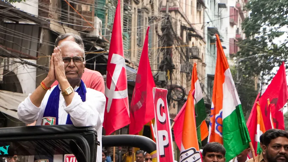 Congress candidate from North Kolkata Pradip Bhattacharya during his campaign for the Lok Sabha elections, in Kolkata, Sunday, April 7, 2024