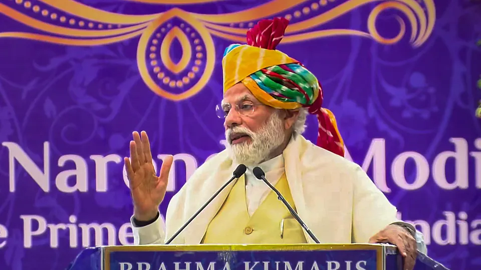 Prime Minister Narendra Modi addresses during the foundation stone laying ceremony of various projects at Shantivan Complex of Brahma Kumaris, in Abu Road