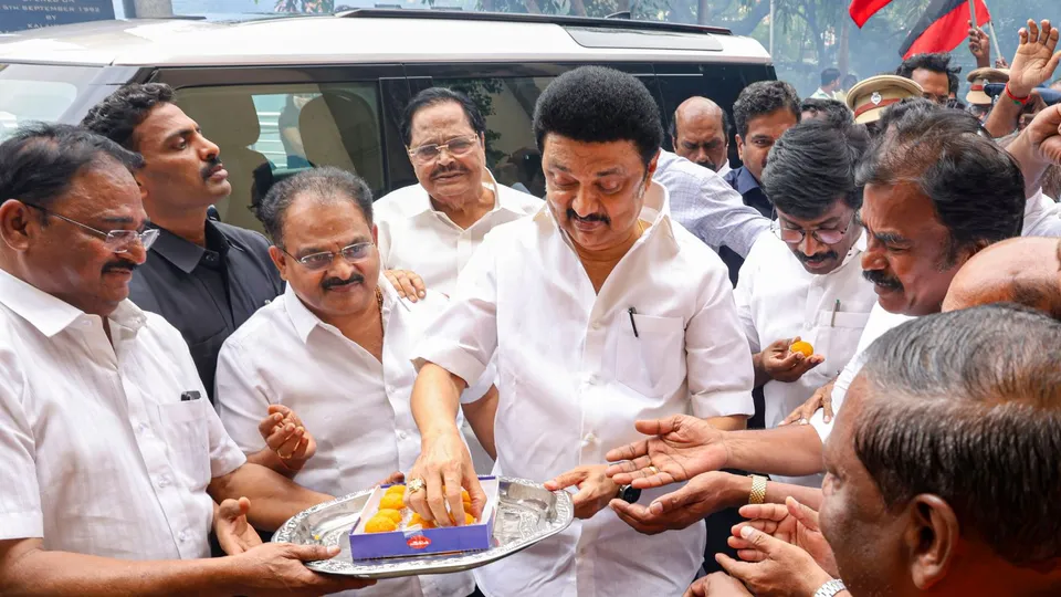 DMK Chief and Tamil Nadu Chief Minister MK Stalin distributes sweets to party workers as party candidate leads during counting of Vikravandi Assembly by-poll votes, in Chennai, Saturday, July 13, 2024.