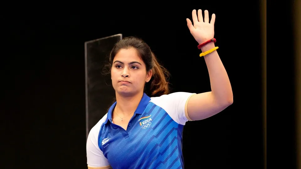 India's Manu Bhaker after finishing fourth in the 25m Pistol Women's Final event during the 2024 Summer Olympics, in Chateauroux, France, Saturday, Aug. 3, 2024.