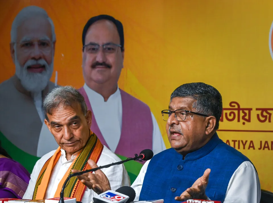 Members of a BJP fact-finding team Ravi Shankar Prasad and Satyapal Singh address a press conference at party office in Kolkata