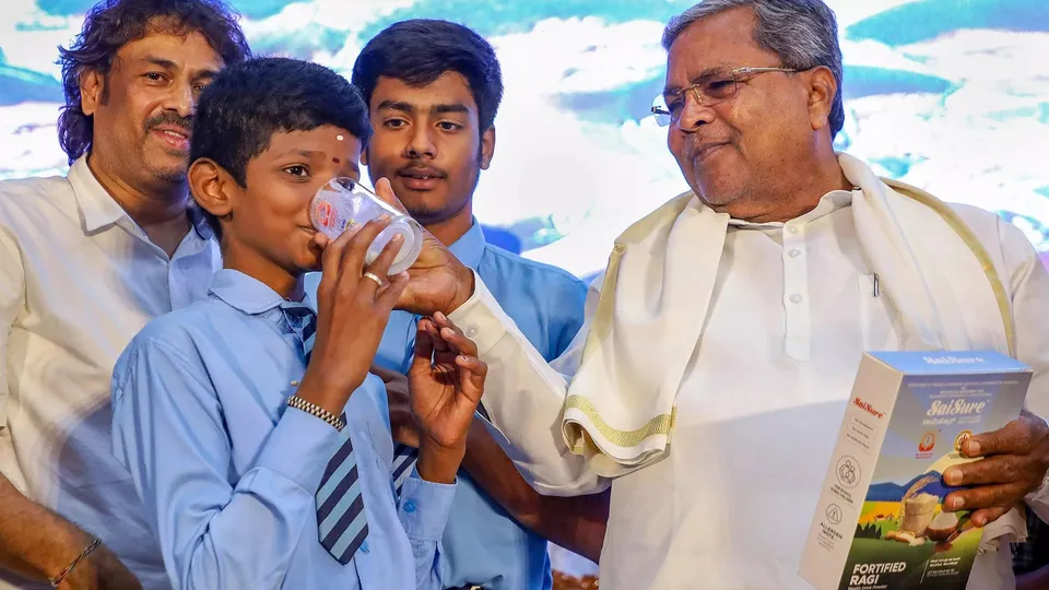 Karnataka Chief Minister Siddaramaiah launches the 'Ragi Malt' drink for government schools under the Ksheera Bhagya Scheme, in Bengaluru 