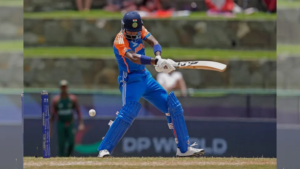 India's Hardik Pandya plays a shot during the ICC Men's T20 World Cup cricket match between India and Bangladesh