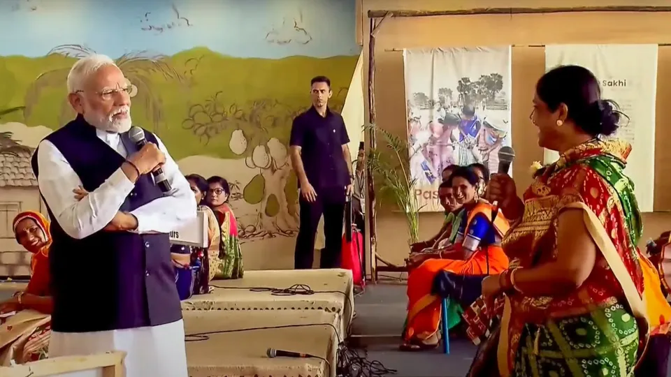 Prime Minister Narendra Modi during an interaction with 'Lakhpati Didis', in Jalgaon, Sunday, Aug. 25, 2025.