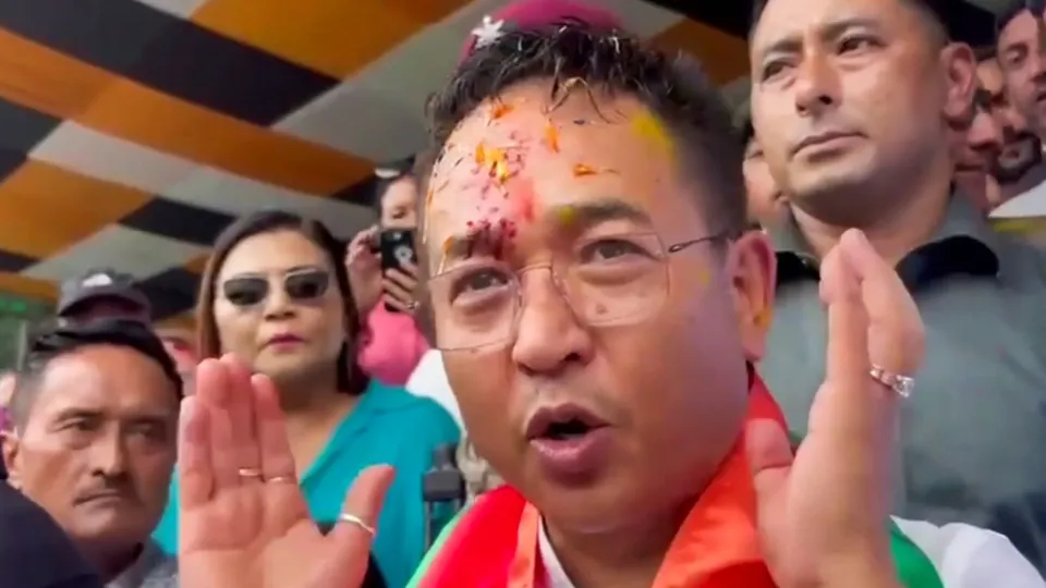 Sikkim Chief Minister and Sikkim Krantikari Morcha (SKM) chief Prem Singh Tamang addresses supporters during celebrations after party's victory in the State Assembly elections, in Gangtok, Sunday, June 2, 2024