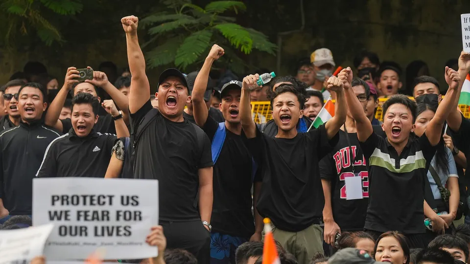 People from Manipur stage a protest against the ongoing ethnic violence in the state, at Jantar Mantar in New Delhi, Friday, Nov. 3, 2023