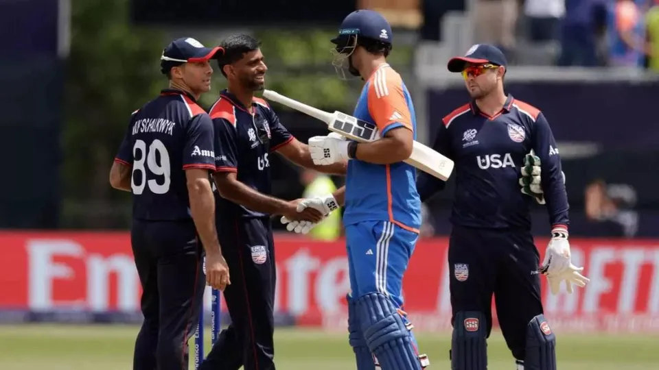 Shivam Dube shakes hands of USA players after the match