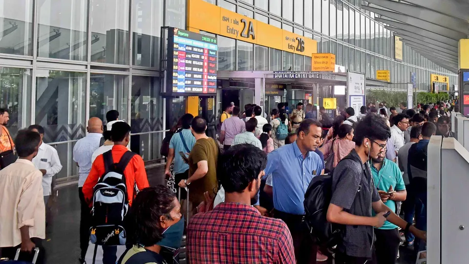 People at NSCBI Airport as flight services resume after remaining suspended for 21 hours in view of Cyclone Remal, in Kolkata, Monday, May 27, 2024