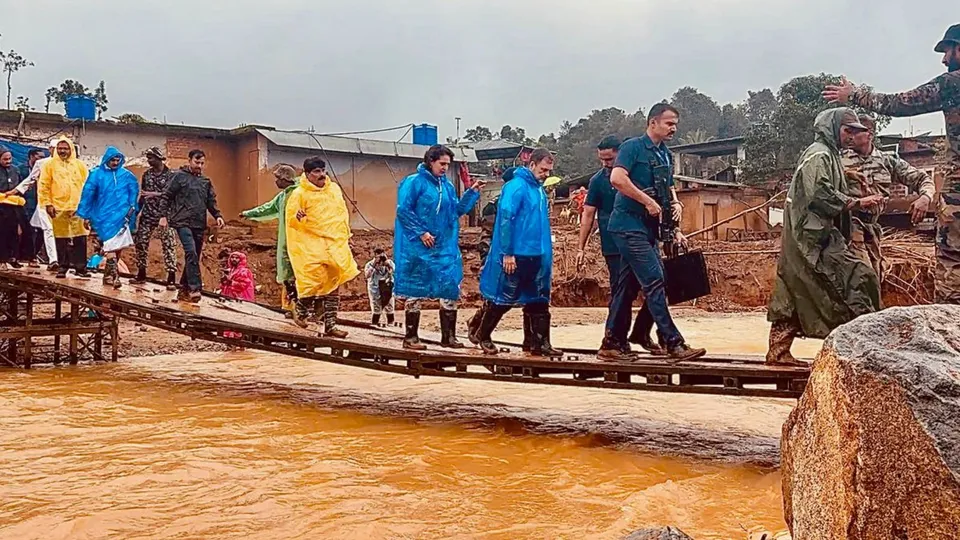 Leader of Opposition in Lok Sabha and Congress MP Rahul Gandhi along with party leader Priyanka Gandhi Vadra during their visit at the landslides affected sites, in Wayanad, Thursday, August 1, 2024.