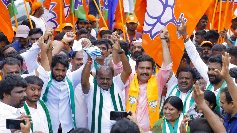 HD Kumaraswamy, Nikhil Kumaraswamy, B Y Vijayendra, R Ashoka and others take part in Bengaluru-Mysuru padyatra against the alleged MUDA scam and Valmiki Corporation scam, in Ramnagar near Bengaluru, Monday, Aug 5, 2024.