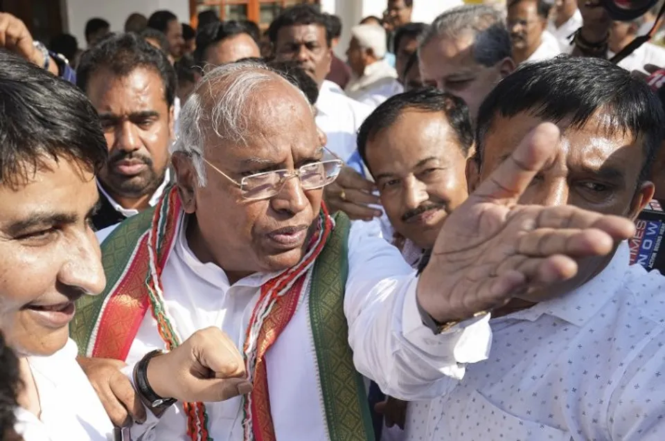 Newly elected Congress President Mallikarjun Kharge being greeted by supporters at his residence, in New Delhi