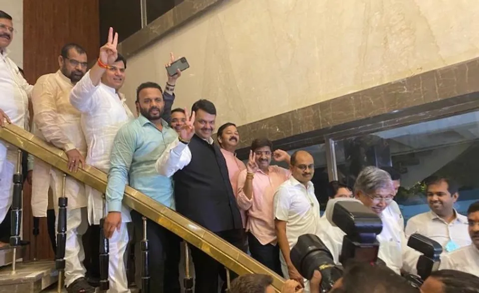 BJP leader Devendra Fadnavis with other leaders showing victory signs after winning MLC polls