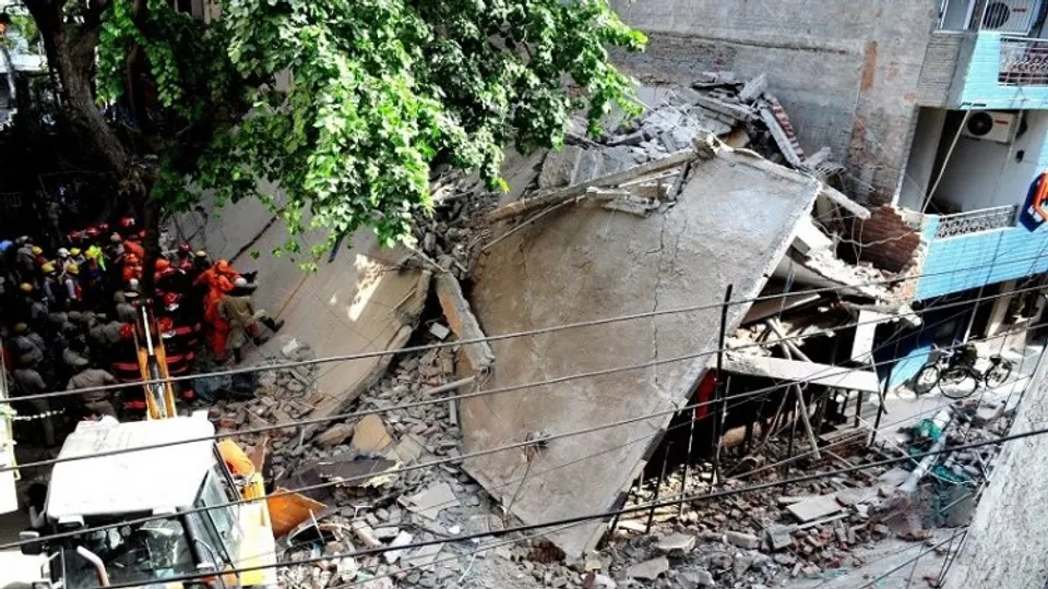 Collapsed building in Satya Niketan area of South Delhi.
