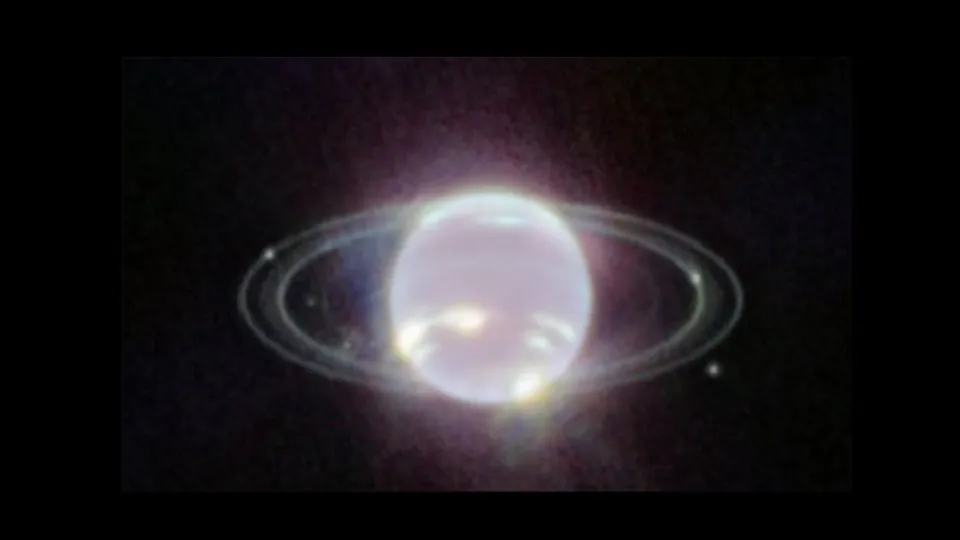 Webb's NIRCam first image of Neptune, taken on 12 July 2022, brings the planet's rings into full focus for the first time in more than three decades. The most prominent features of Neptune's atmosphere in this image are a series of bright patches in the planet's southern hemisphere that represent high-altitude methane-ice clouds. More subtly, a thin line of brightness circling the planet's equator could be a visual signature of global atmospheric circulation that powers Neptune's winds and storm