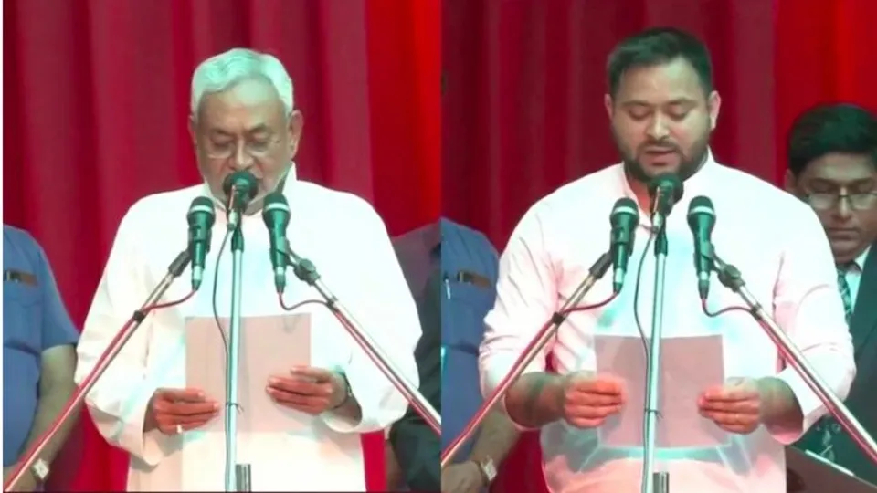 Nitish Kumar and Tejashwi Yadav taking oath as CM, Dy CM