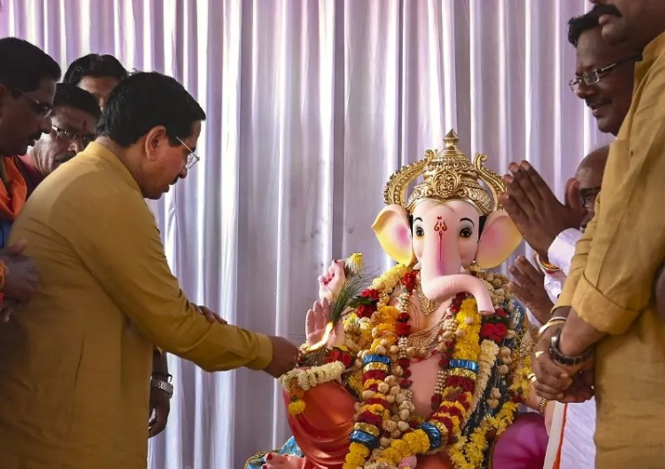 Union Minister Pralhad Joshi offers prayers to Lord Ganesha on Ganesh Chaturthi festival at the Hubballi Eidgah Maidan
