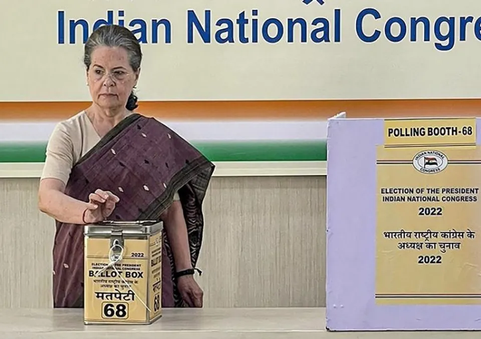 Congress interim President Sonia Gandhi casts her vote for the partys Presidential election at AICC headquarters, in New Delhi