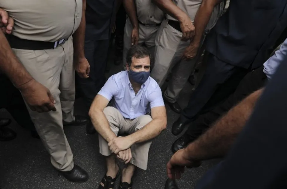 Police detain Congress MP Rahul Gandhi during a protest march from Parliament to Rashtrapati Bhawan against EDs interrogation of the partys interim President Sonia Gandhi in the National Herald case, in New Delhi