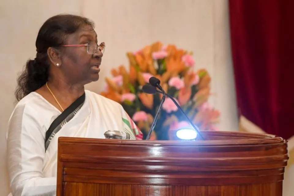 President Draupadi Murmu addresses faculty and course members of 62nd National Defence College Course, at Rashtrapati Bhavan in Delhi