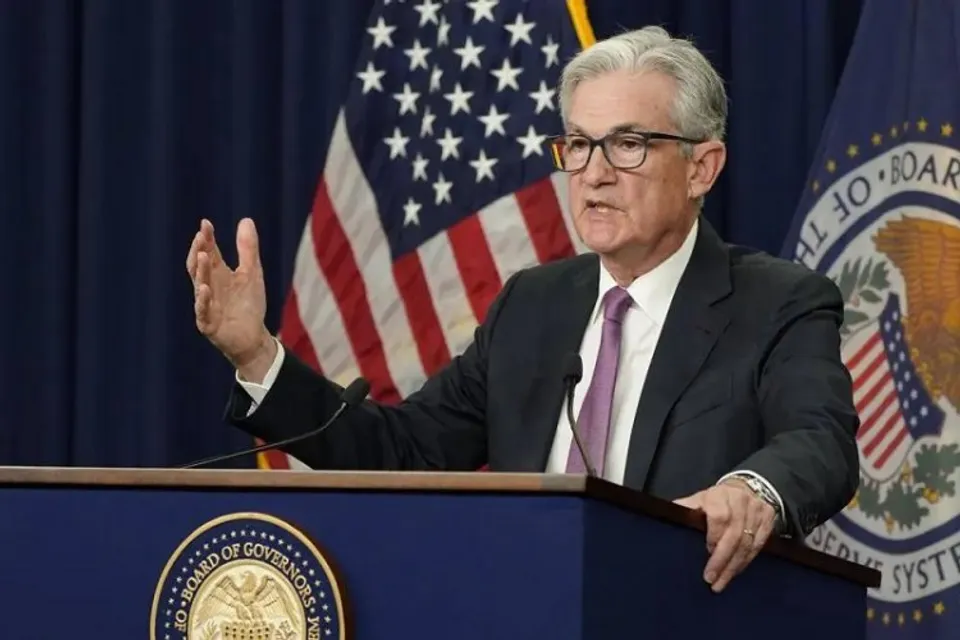 Federal Reserve Chairman Jerome Powell speaks during a news conference at the Federal Reserve Board building in Washington. 