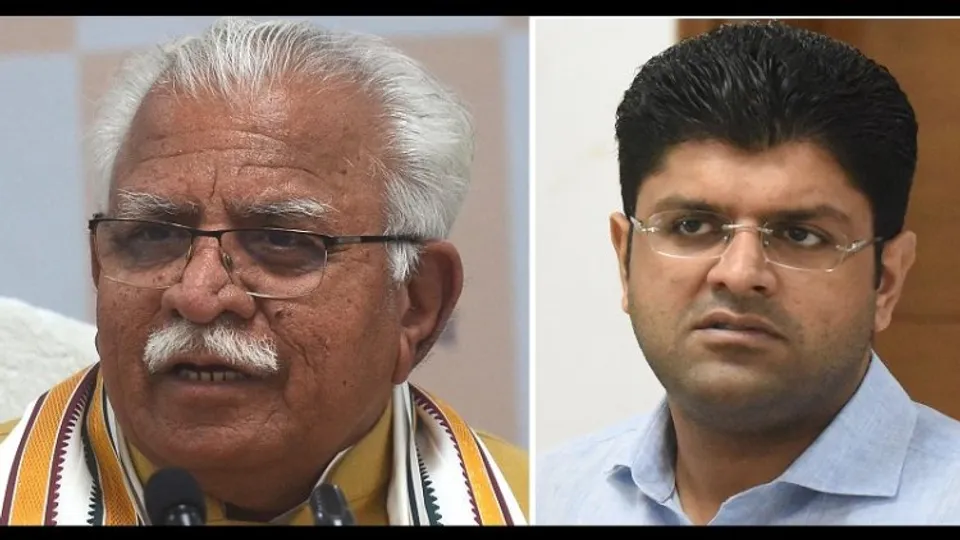 (Left) Haryana hief Minister Manohar Lal Khattar of BJP; (Right) Deputy Chief Minister of  Haryana Dushyant Chautala of JJP