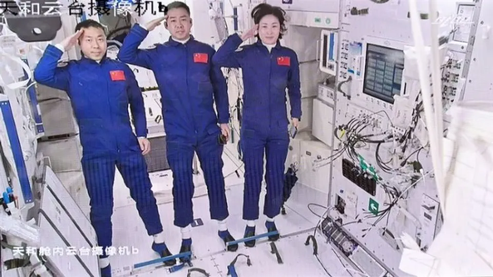 (Left to Right) Shenzhou-14 taikonauts Cai Xuzhe, Chen Dong and Liu Yang   made a salute to the motherland and Chinese compatriots on earth after the third crew of China's Space Station entered the Tianhe core module 