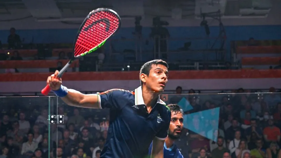 India's Saurav Ghosal in action against Sri Lanka's Shamil Wakeel during Squash Mens Singles Round of 32 match of the Commonwealth Games 2022 (CWG), in Birmingham, UK, on Saturday