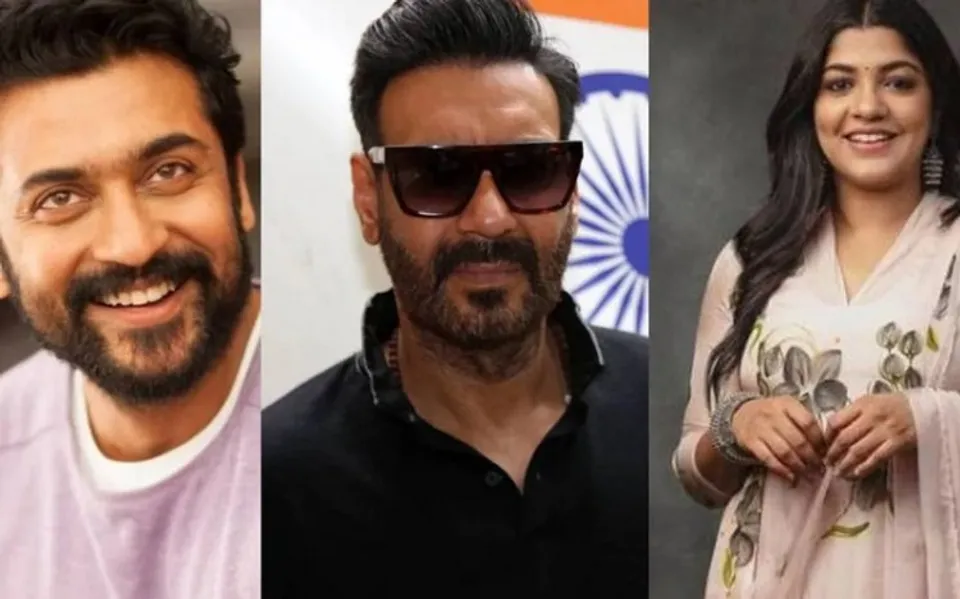 ( left to right) Suriya, Ajay Devgan and Aparna Balamurali