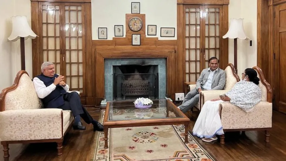 Jagdeep Dhankhar, Himanta Biswa Sarma and Mamata Banerjee at Raj Bhawan