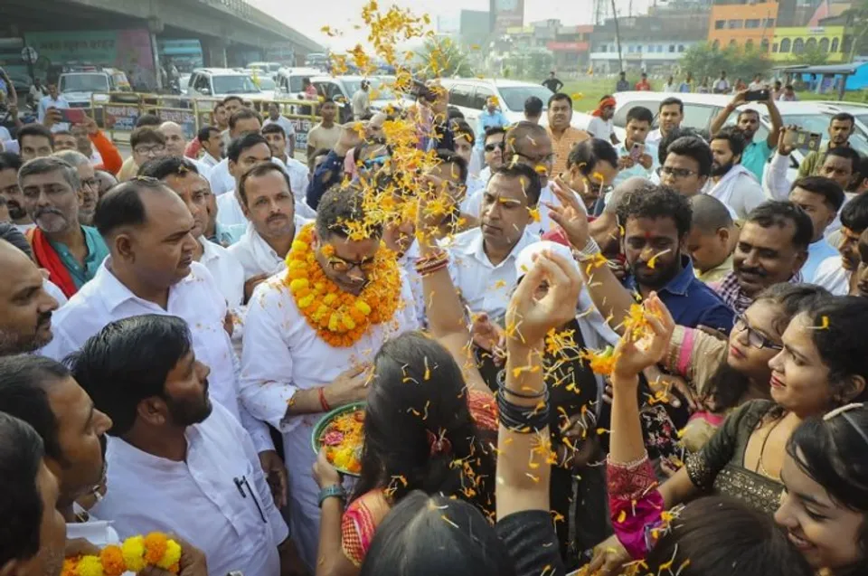 Political strategist and Jan Suraj Abhiyan chief Prashant Kishor being greeted by supporters before his Padyatra on the occasion of Mahatma Gandhis birth anniversary, at Hajipur in Vaishali