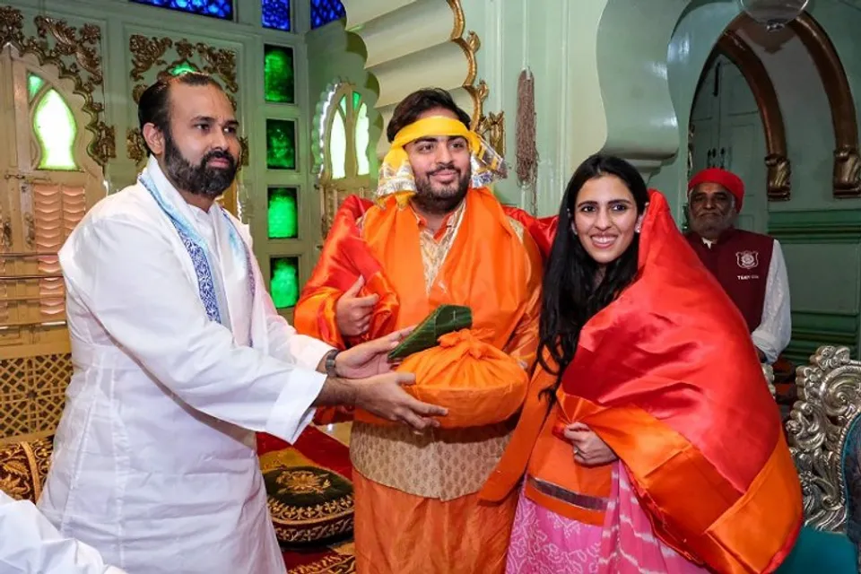 Reliance Jio Infocomm Limited chairman Akash Ambani ans his wife Shloka Mehta at the Shrinathji Temple in Nathdwara district