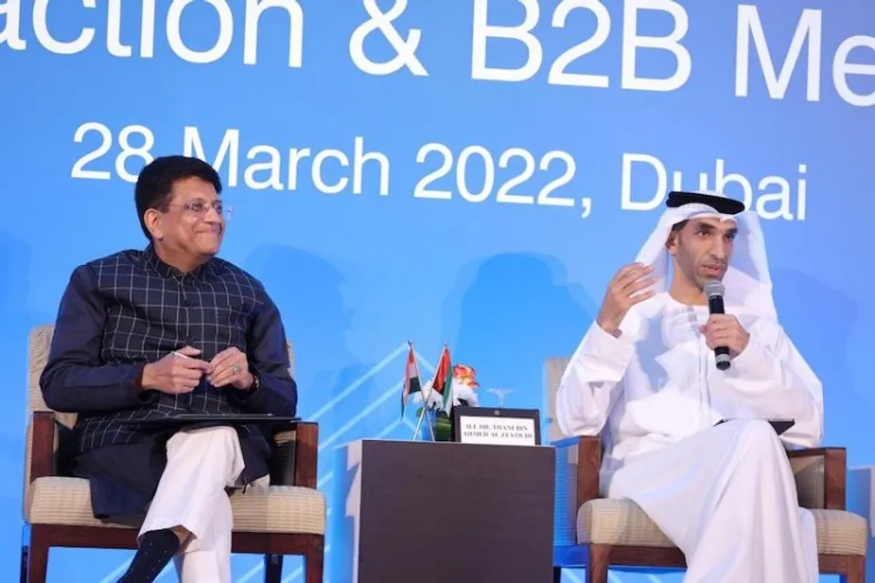 Piyush Goyal addressing the B2B meet on #IndiaUAECEPA along with UAE Minister of State for Foreign Trade H.E.