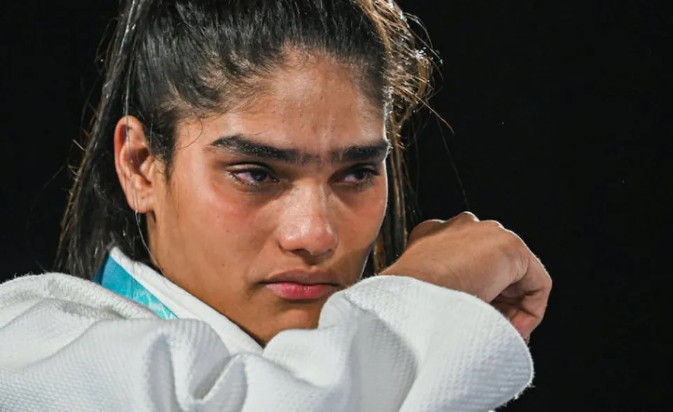 Indian Judoka Tulika Maan reacts after her finals match against Sarah Adlington of Scotland in the womens 78 kg category Judo event at the Commonwealth Games 2022 (CWG), in Birmingham, UK, on Wednesday
