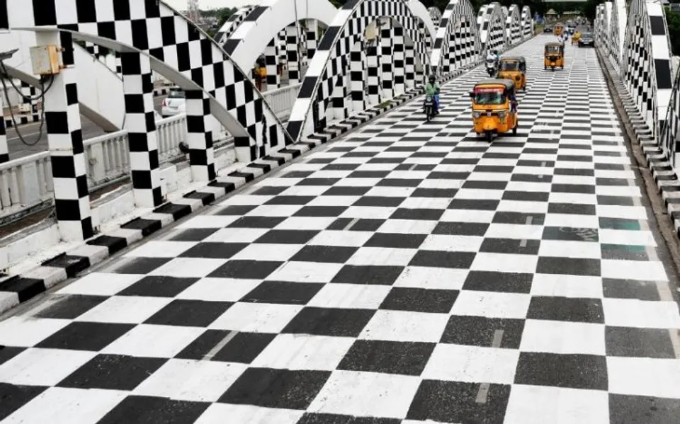 The iconic Napier Bridge next to the Marina Beach in Chennai wearing a chequered look as the city prepares itself to host the 44th Chess Olympiad.