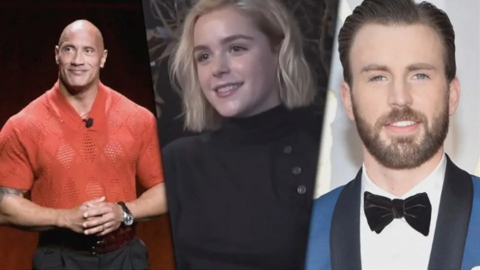 (left to right) Dwayne Johnson, Kiernan Shipka and Chris Evans