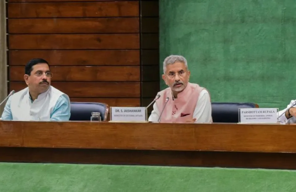 External Affairs Minister S. Jaishankar with Union Ministers Pralhad Joshi during a meeting with Floor Leaders of political parties regarding Present Situation in Sri Lanka