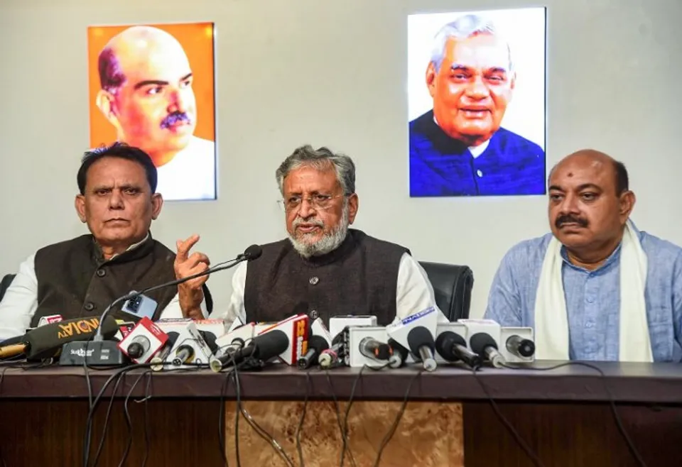 Sushil Kumar addressing media conference in Patna, Bihar