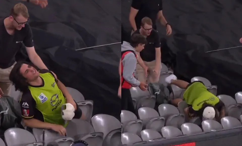 WATCH: Fan falls off the chair while attempting a catch from the stand in BBL encounter
