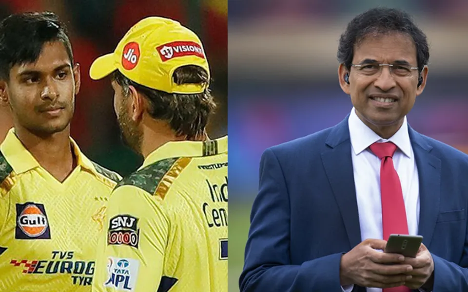 MS Dhoni & Matheesha Pathirana (left), Harsha Bhogle (right)