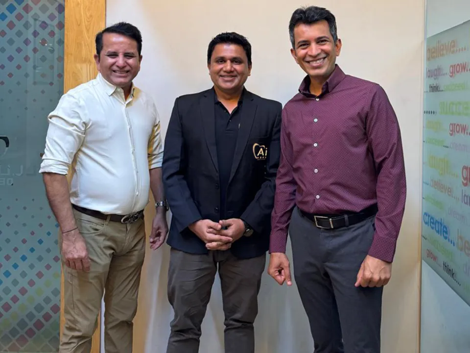 L-R Rajesh Khakhar Chairperson and Whole Time Director Laxmi Dental Ltd, Dr Ishan Dhruva Founder and Director AI Dent Sameer Merchant Managing Director and CEO Laxmi Dental Ltd.