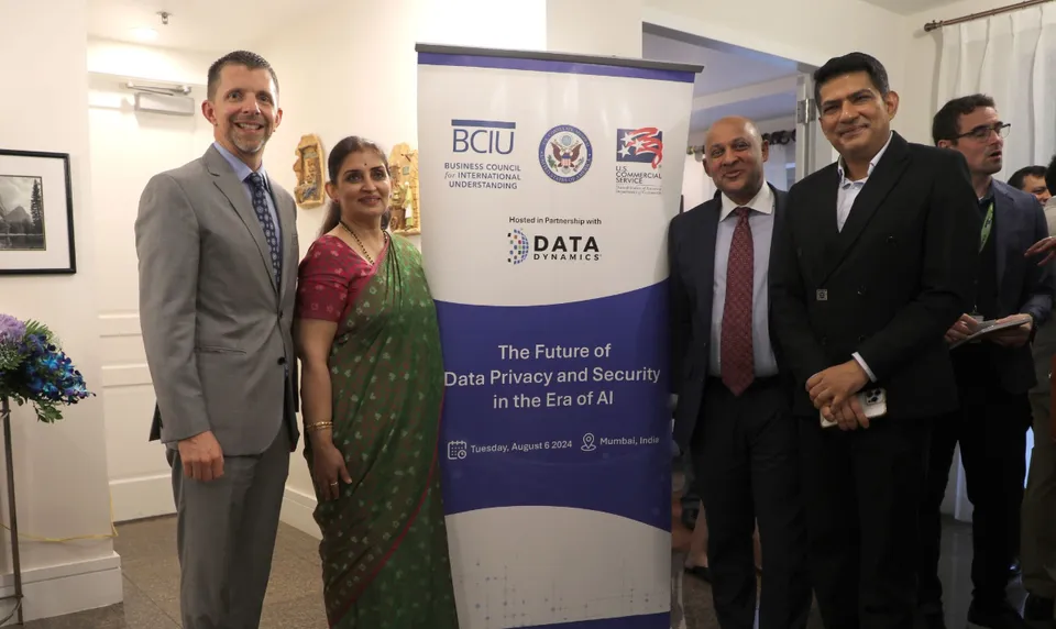 L-R - U.S. Consul General Mike Hankey, Sujata Saunik, Home Secretary of Maharashtra, and Yashasvi Yadav, Piyush Mehta, CEO, Data Dynamics and Special Inspector General of Police, Maharashtra Cyber.jfif