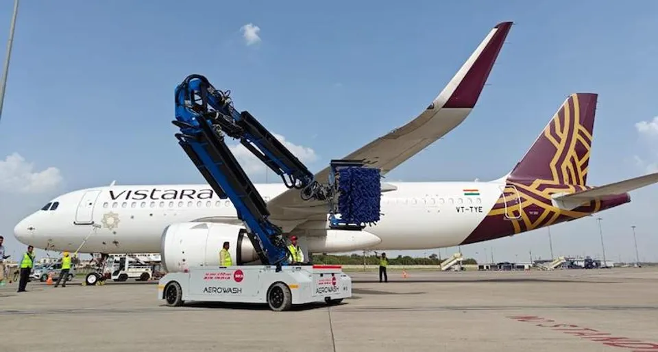 Glimpse of Vistara's aircraft exterior implementing Aerowash