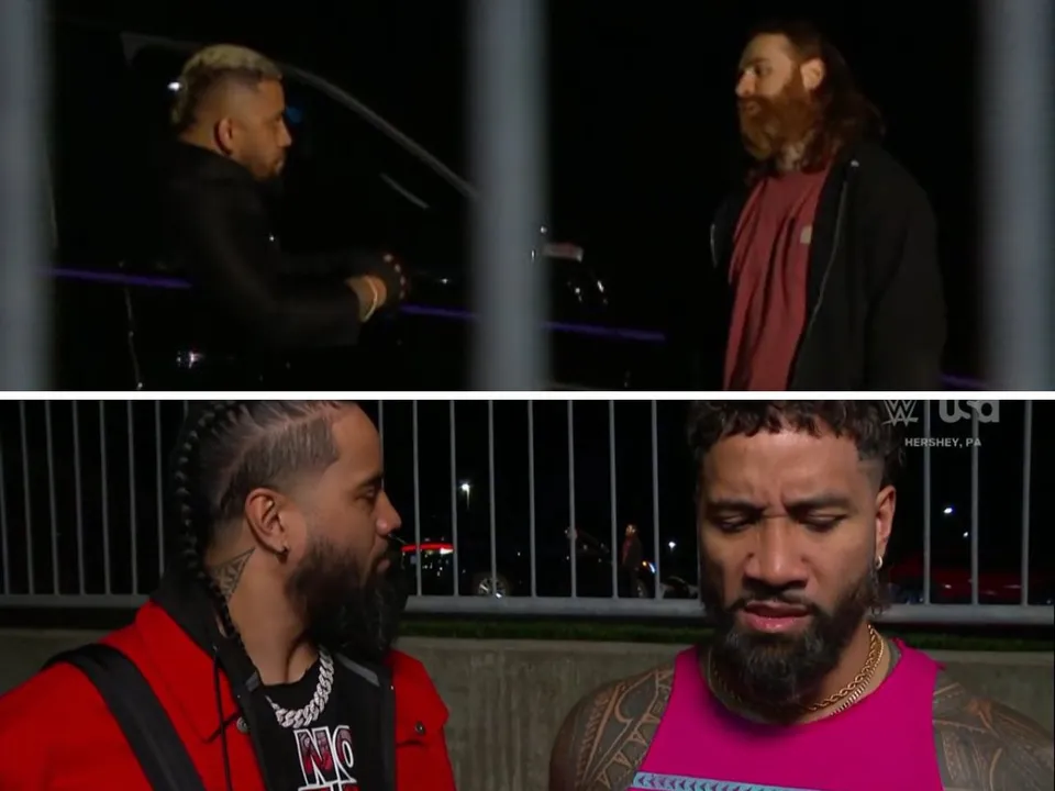 WATCH: Jey and Jimmy Uso observe Sami Zayn's conversation with Solo Sikoa on WWE Raw