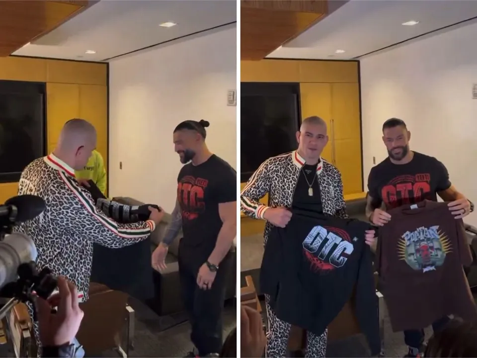 WATCH: UFC's Alex Pereira and Roman Reigns share T-shirts with each other on WWE Smackdown